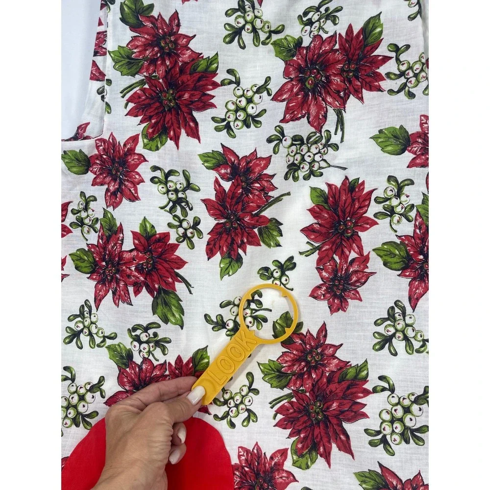 Vintage Handmade Poinsettia Heart Pocket Pinafore Apron White Red